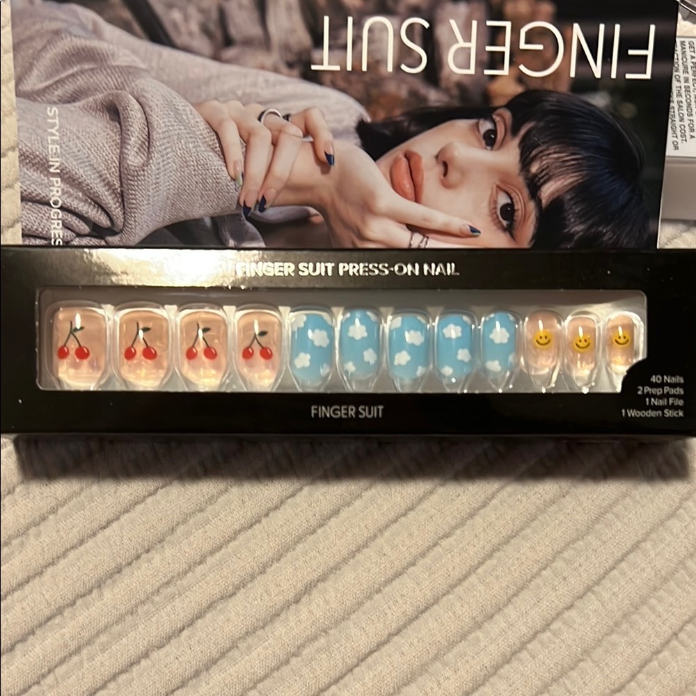 Finger Suit Press-On Nails with Cherry and Cloud Designs Square Shape
